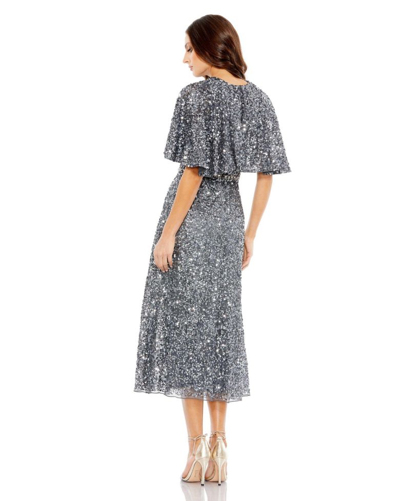 Women's Embellished Cape High Neck Midi Dress