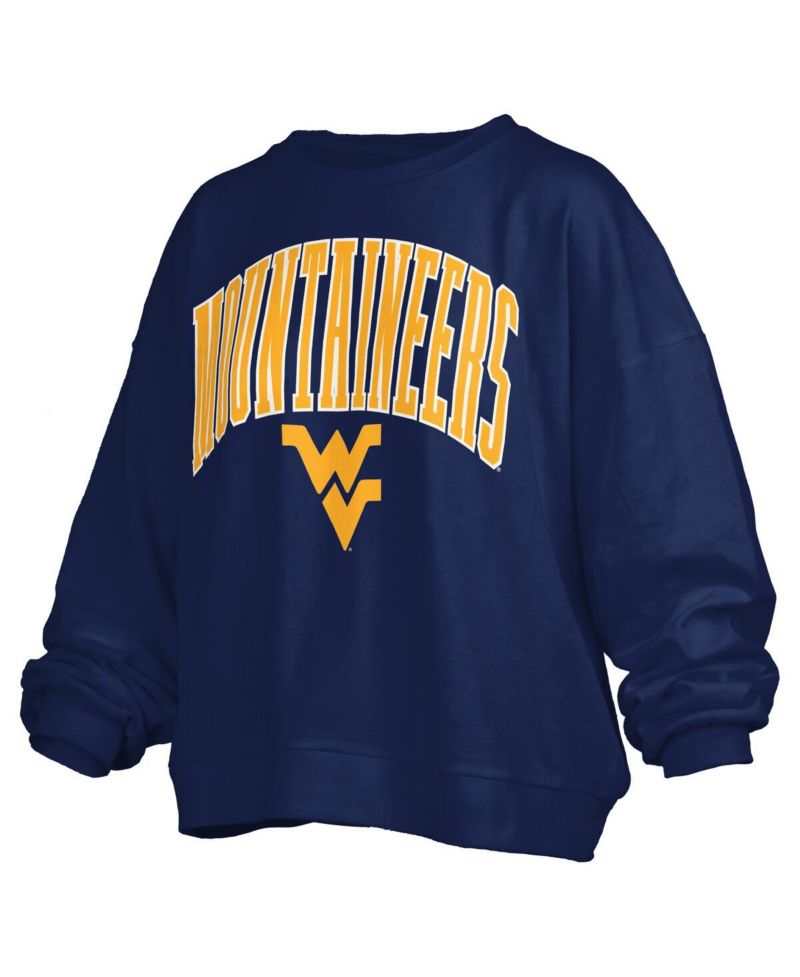 Women's Navy West Virginia Mountaineers Janise Arch Over Logo Waist Length Oversized Pullover Sweatshirt