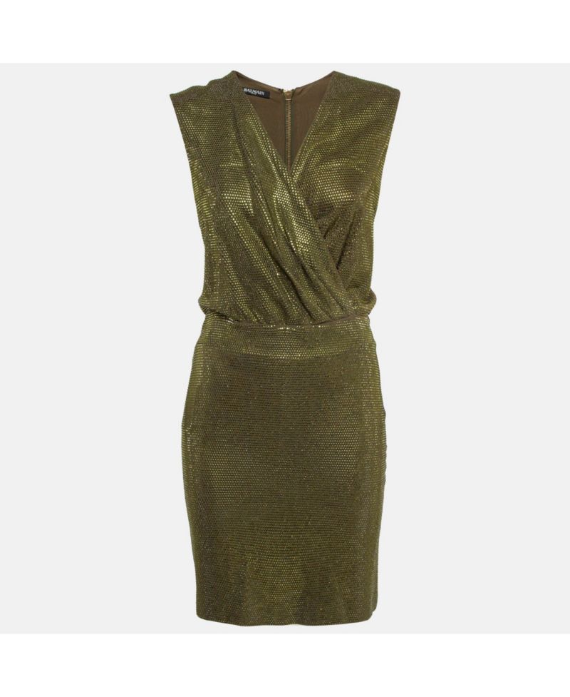 Women's Green Embellished Jersey V-Neck Sleeveless Dress