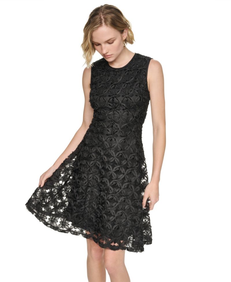 Women's Sleeveless Jewel Neck Lace Fit & Flare Cocktail Dress