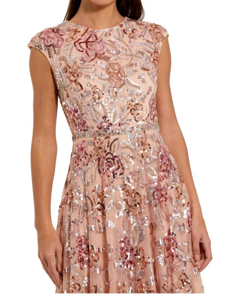 Women's Sequin Mesh High Neck Cap Sleeve A Line Gown