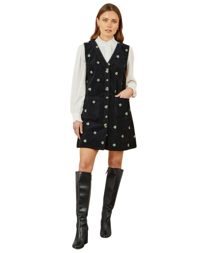 Women's Embroidered Button Up Pinafore Dress