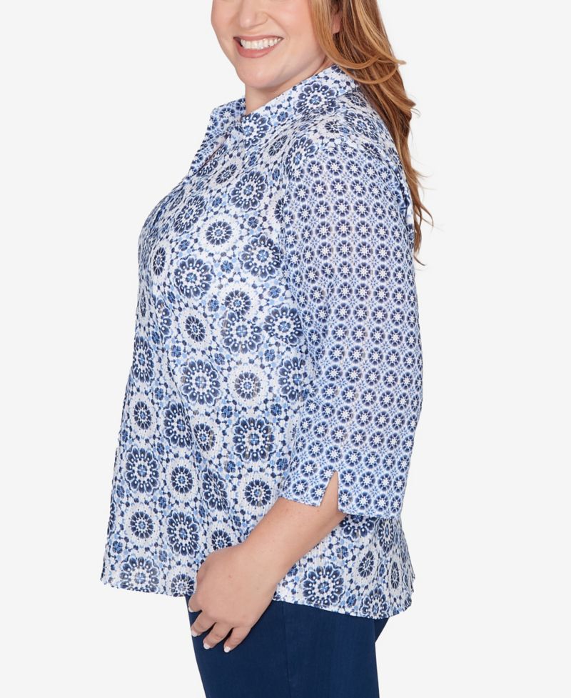 Plus Size Mykonos Geometric Button-Front Closure Collared Top