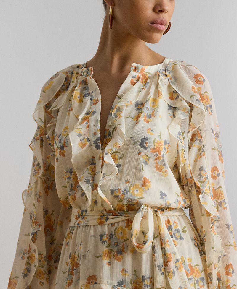 Petite Band Collar Floral Ruffle-Trim Tiered Dress