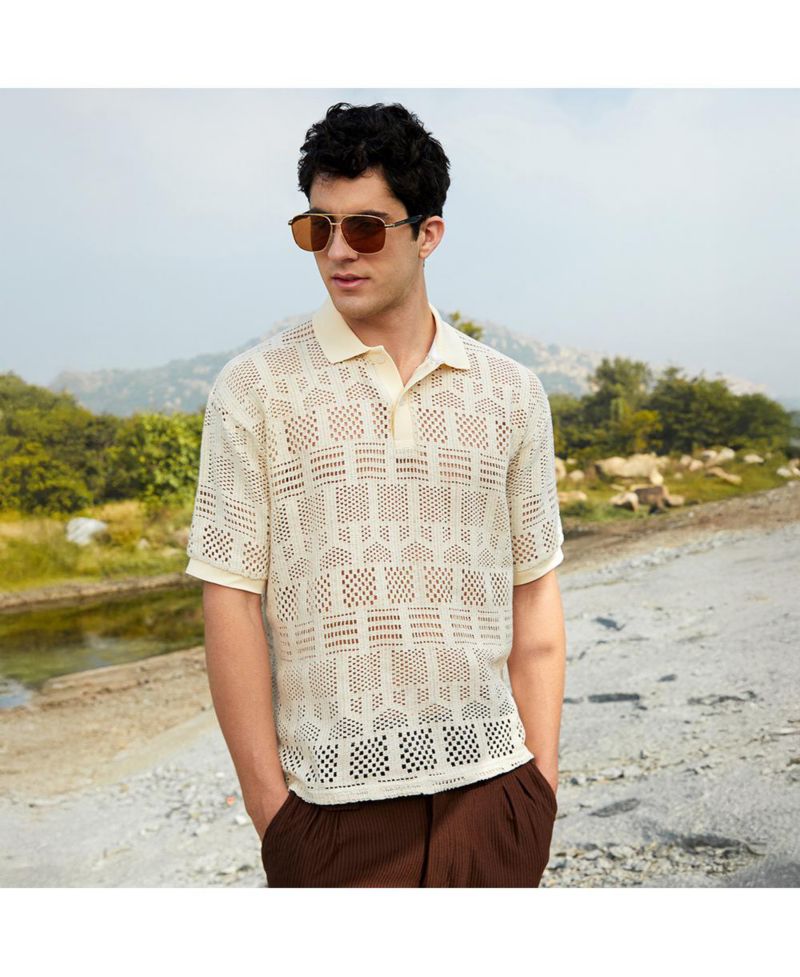 Men's Buff Beige Geo-Boho Oversized Polo T-Shirt