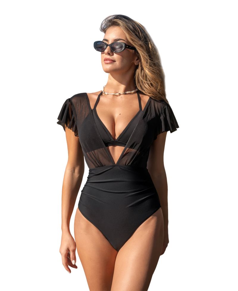 Women's Black Two-Way Mesh Bikini Top & High-Rise Bottoms Set