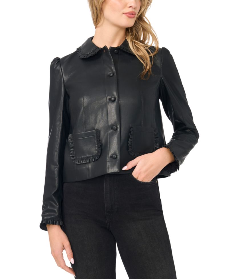 Women's Ruffle-Trim Puff-Shoulder Faux Leather Jacket