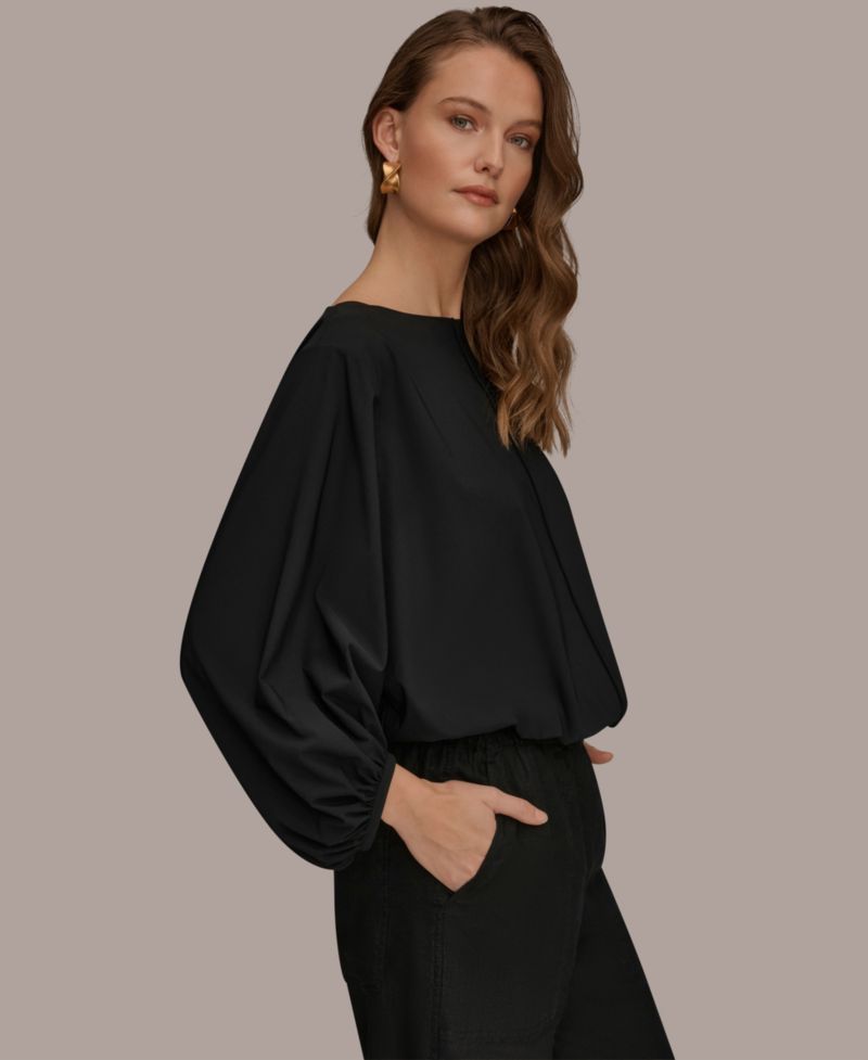 Women's 4-way Stretch Knit Boat Neck Balloon Sleeve Blouse
