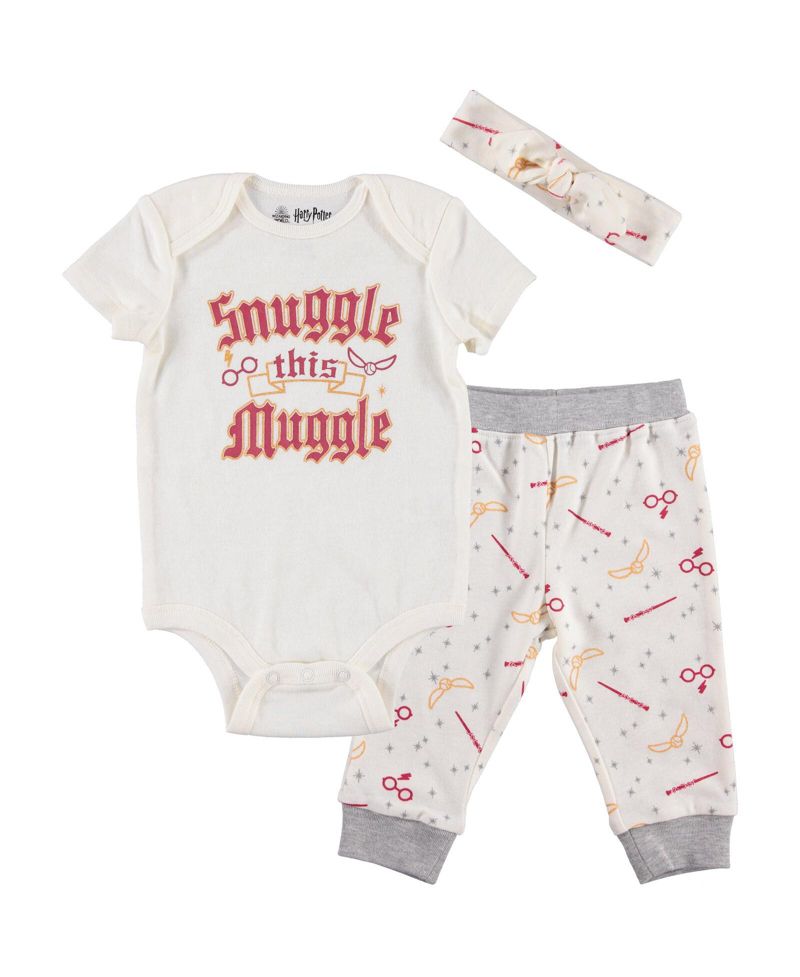 Baby Girls (Newborn- 24M) Ravenclaw Slytherin Gryffindor Hufflepuff Bodysuit Pants and Headband Set