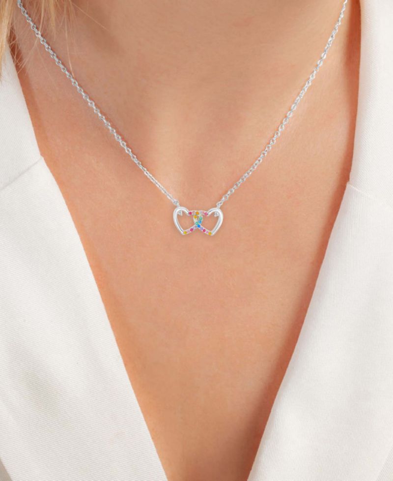 Multicolor Cubic Zirconia Interlocking Hearts Pendant Necklace in Sterling Silver 18"