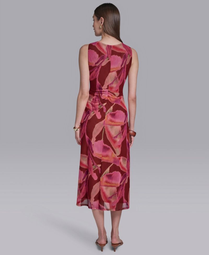 Women's Printed Crewneck Bodycon Keyhole Detail Midi Dress