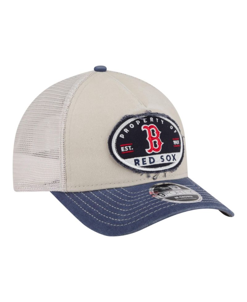 Men's Light Beige/Navy Boston Red Sox Frayed M-Crown A-Frame 9FORTY Trucker Adjustable Hat