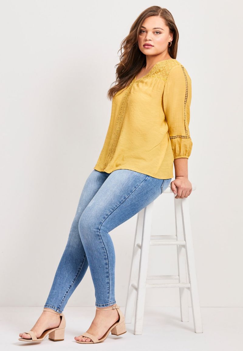 Women's Plus Size Embroidered Lace Detail Peasant Blouse