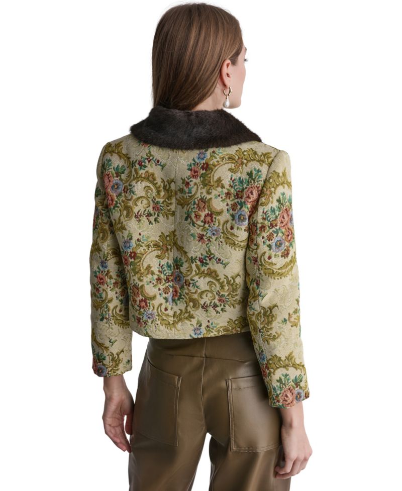Women's Tapestry Faux-Fur-Collar 3/4-Sleeve Jacket