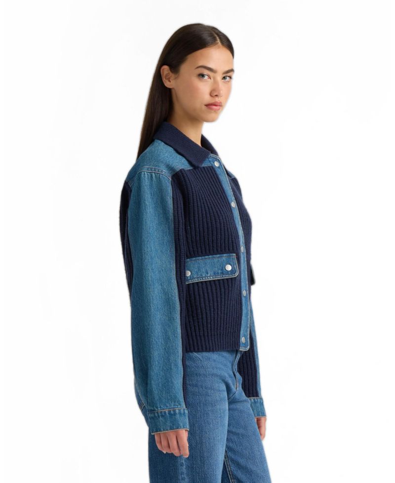 Women's Denim Trim Long-Sleeve Sweater Jacket