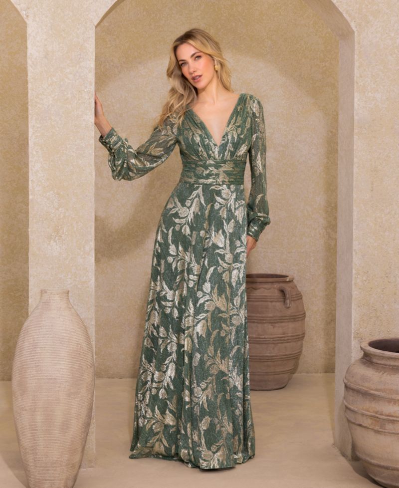 Women's Long-Sleeve V-Neck Metallic Floral Gown