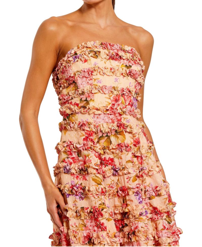 Women's Pink Ruffle Strapless Ankle Cotton Dress
