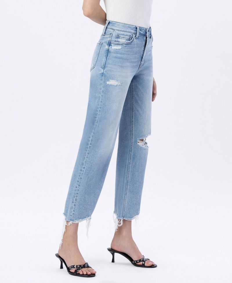 Women's High Rise Distressed Crop Slim Wide Leg Jeans