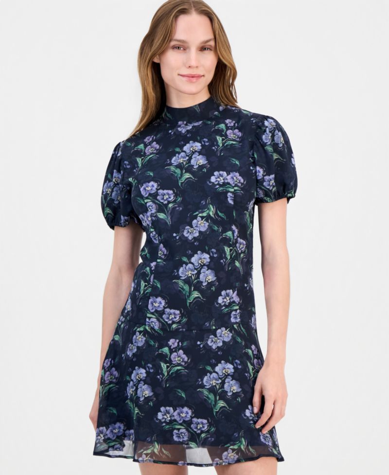 Floral-Print Puff-Sleeve A-Line Lark Tie Back Mini Dress