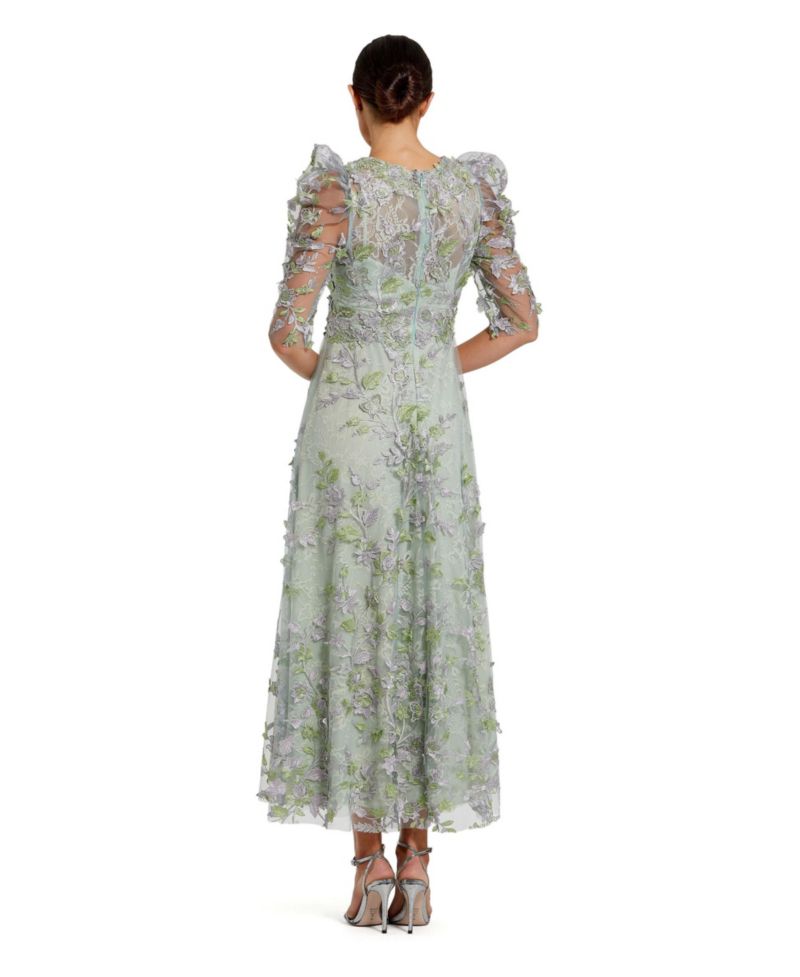 Women's Applique High Neck Puff Sleeve A Line Dress