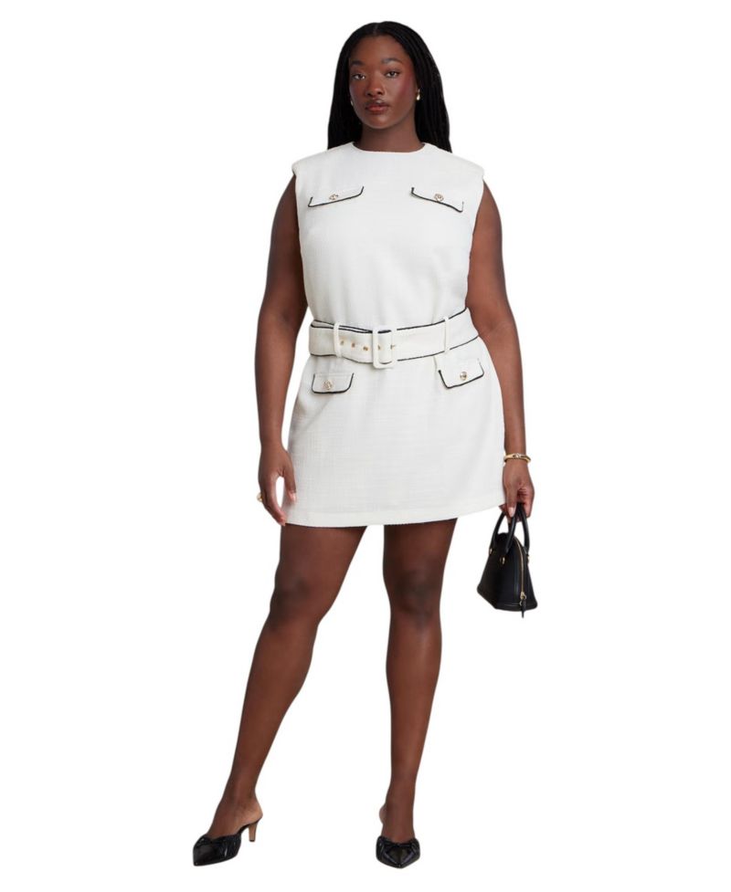 Plus Size Belted Tweed Mini Dress
