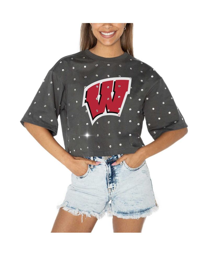 Women's Gray Wisconsin Badgers Go Time Rhinestone Crop T-Shirt