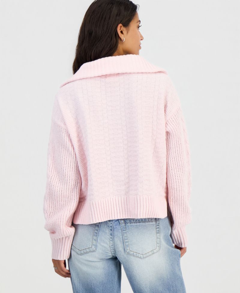 Juniors' Cable-Knit Quarter-Zip Long-Sleeve Sweater