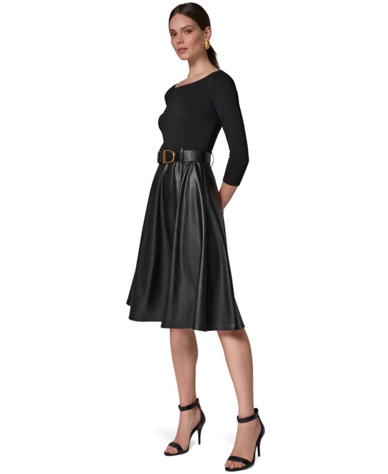 Women's Boat Neck Mixed Media Belted Fit & Flare Dress