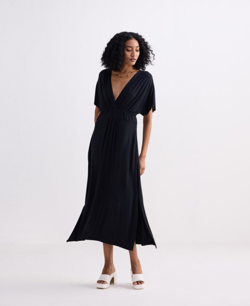 Women's Flowy A-Line Maxi Dress with Side Slits in Black