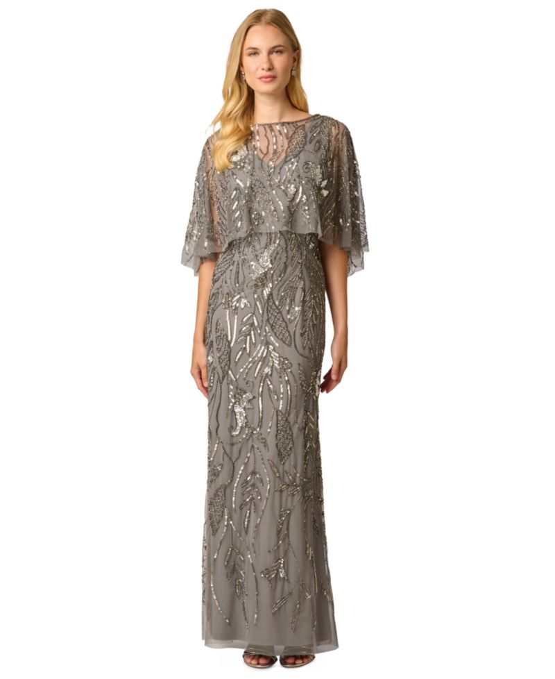 Women's Beaded Cape V-Neck Long Gown