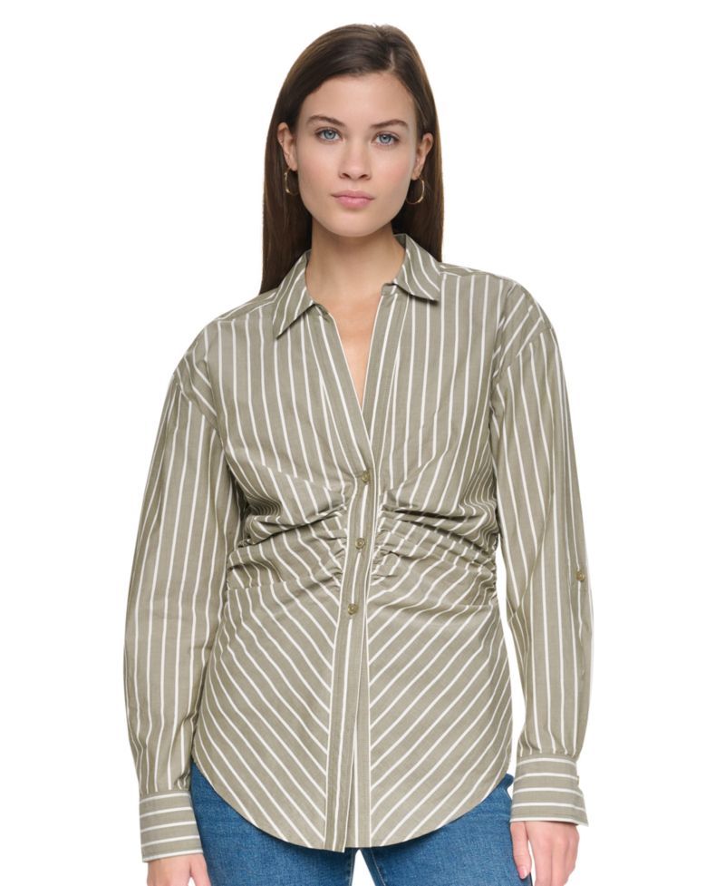 Petite Ruched Striped 3/4-Sleeve Poplin Shirt