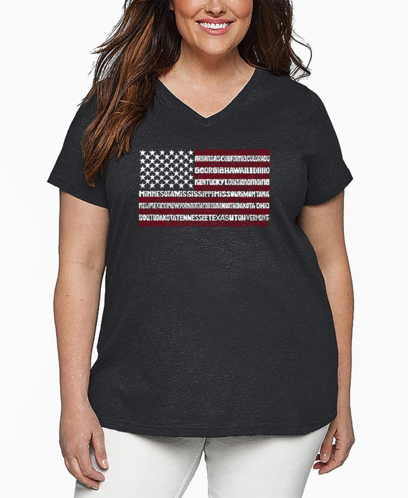 Plus Size 50 States USA Flag Word Art V-Neck T-Shirt