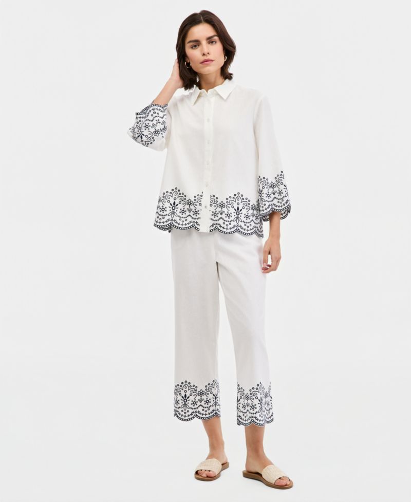 Women's Embroidered Cropped Linen-Blend Pull-On Pants