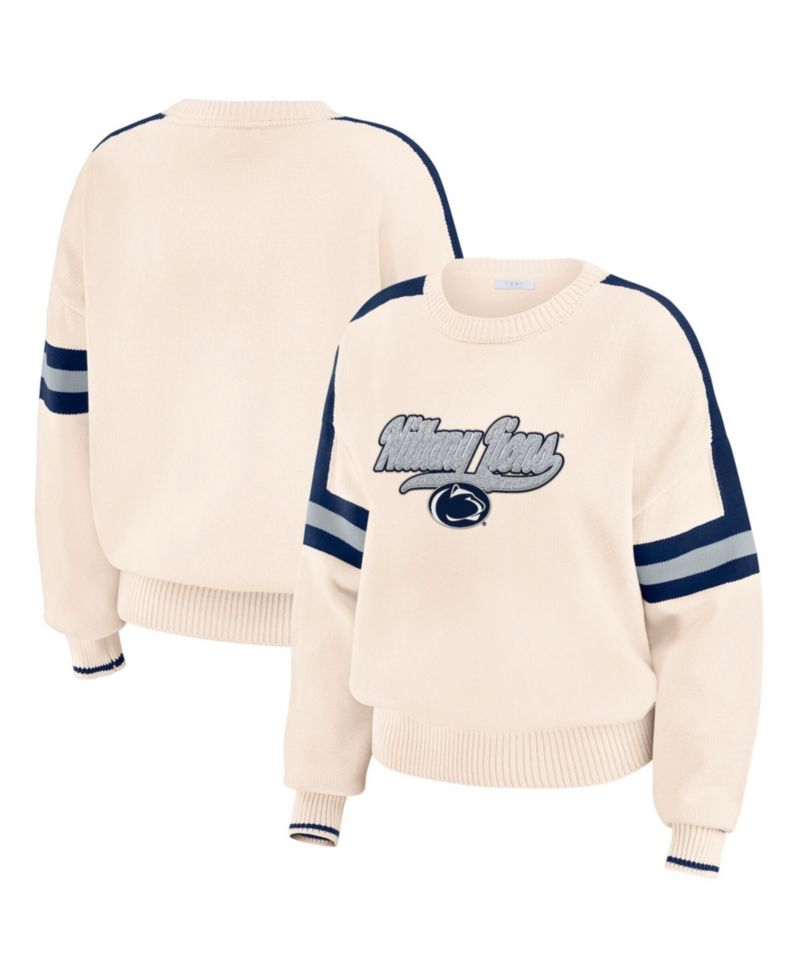Women's Cream Penn State Nittany Lions Chenille Woven Patch Stripe Pullover Sweater