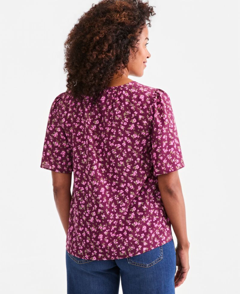 Women's Printed V-Neck Flutter Sleeve Blouse