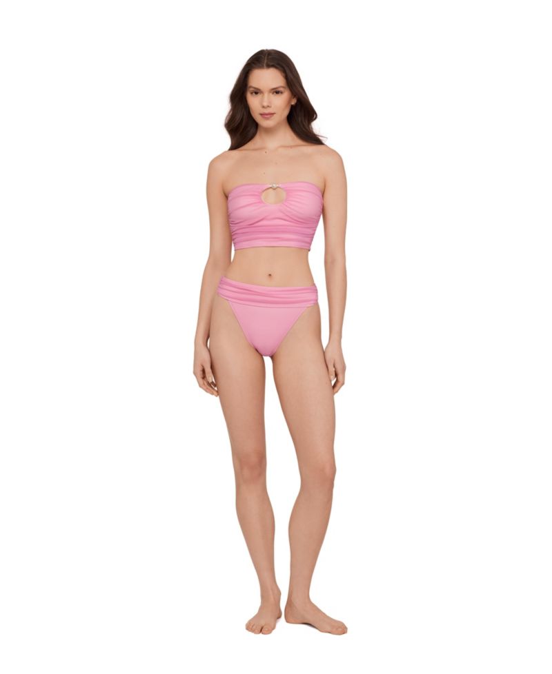 Women's Gold-Tone Bead Keyhole Tube Bikini Top and High-Leg Ruched Band Swim Bottoms