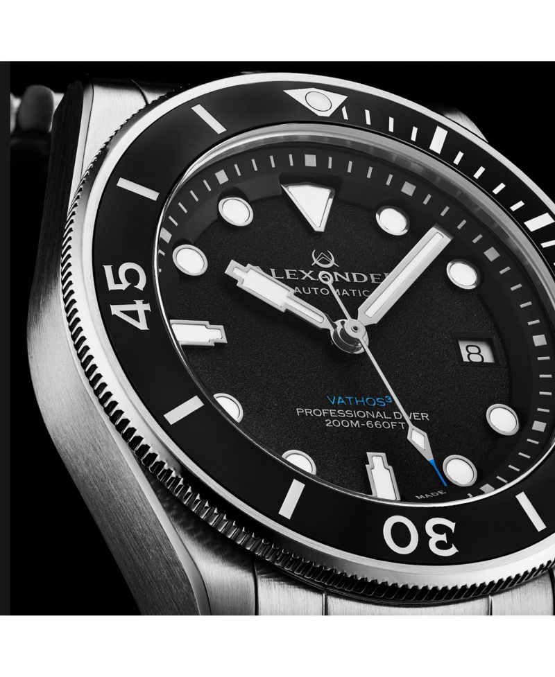 Vathos3 Men's Swiss Made Diver Watch 43mm Silver Tone Stainless Steel Case Black Dial Rotating Bezel Sapphire Crystal 200M Water Resistant