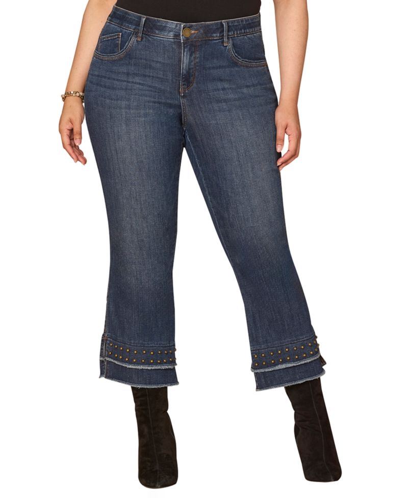 Plus Size Double Layer Fray Hem Studs Jeans