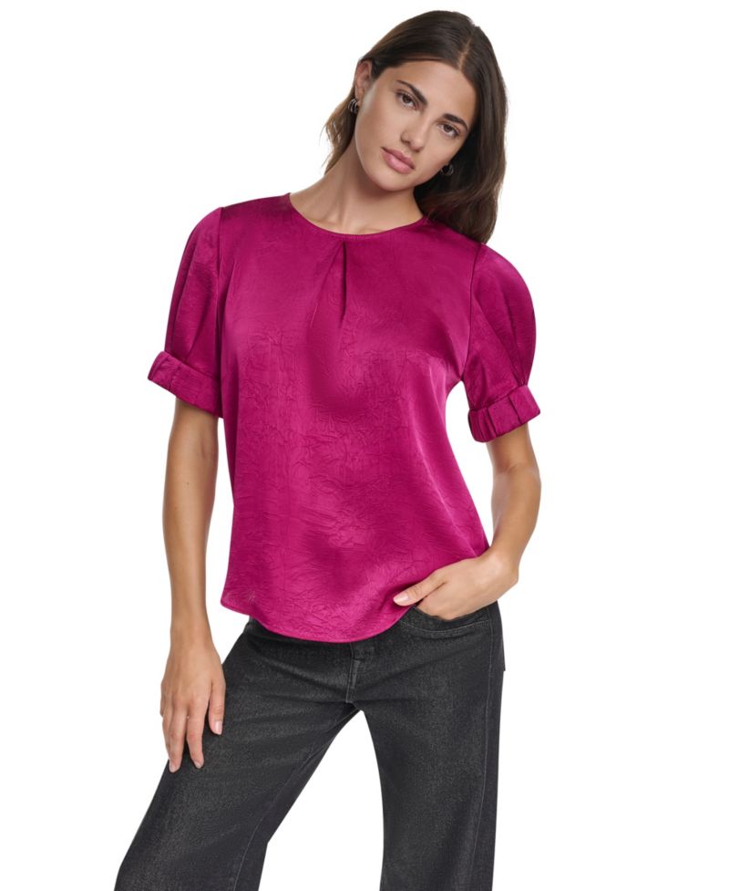 Women's Satin Roll-Sleeve Slight-Crease Crewneck Blouse