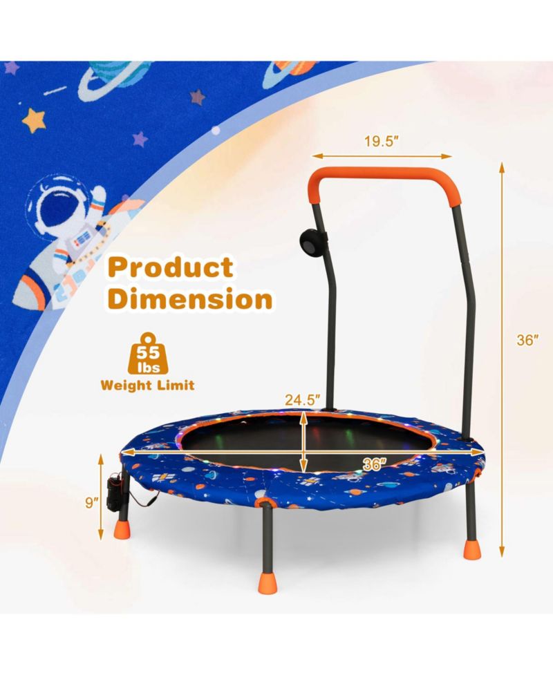 36'' Mini Toddler Trampoline w/ LED Bluetooth Speaker Detachable Handle Kids Gifts