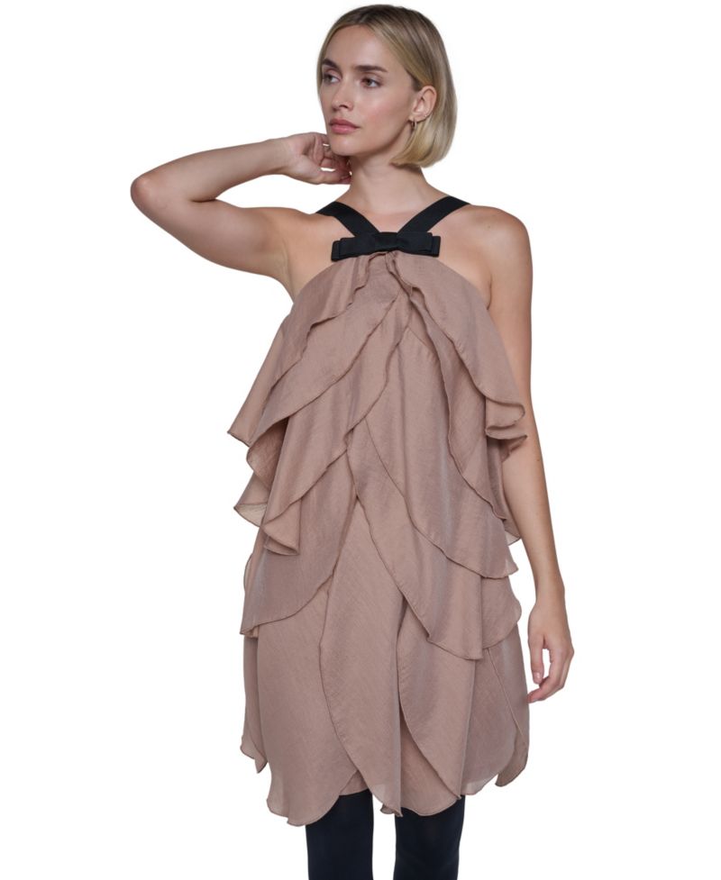 Women's Halter Tiered-Ruffle Short Petal Dress with Bow