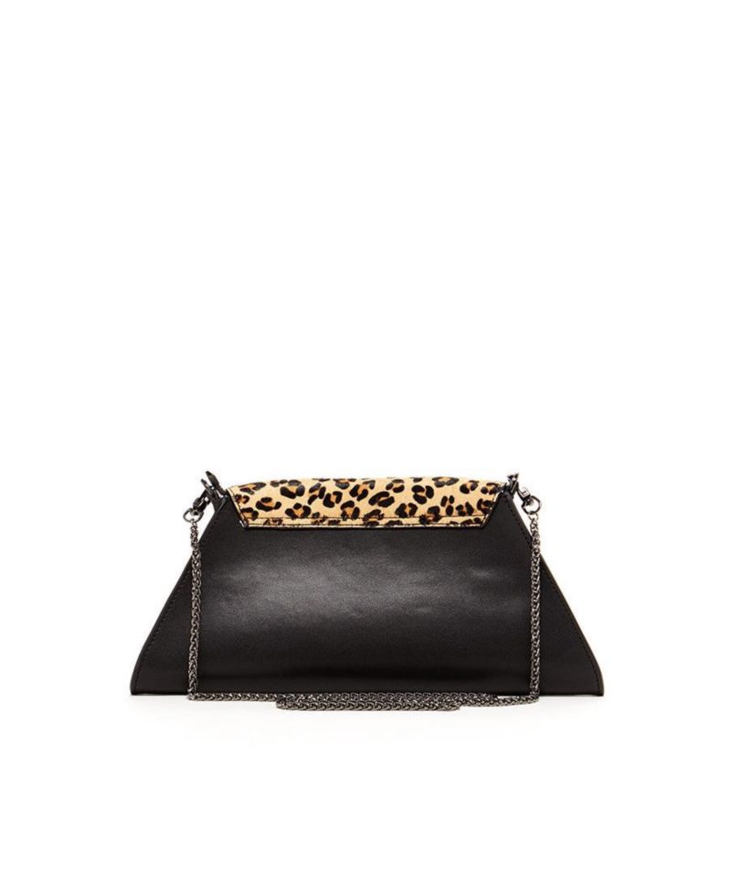 Black Leather Clutch Bag Leopard Unique Evening Purse Women's Handbag