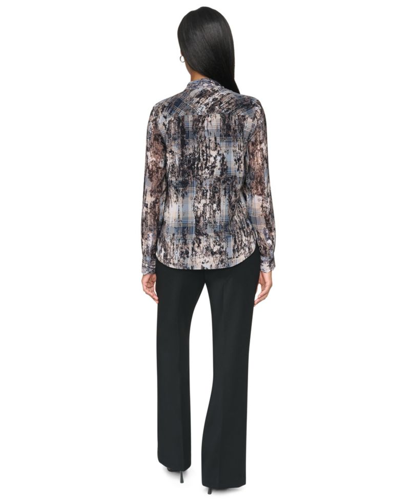Women's Tie-Neck Long-Sleeve Crinkle Chiffon Blouse