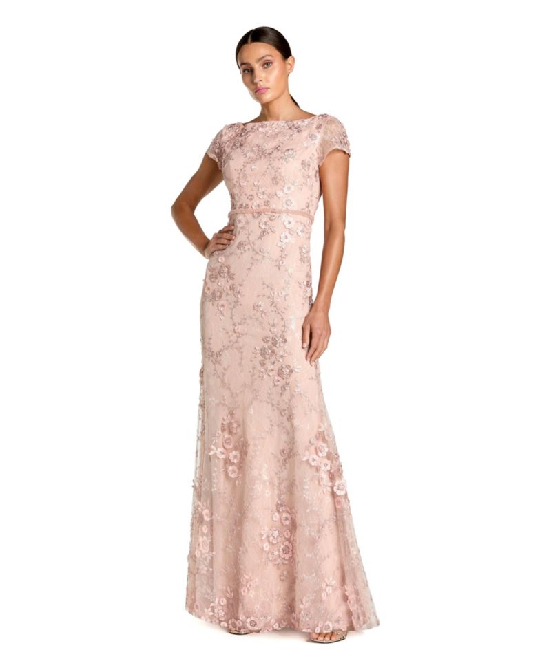 Women's Floral Applique Boat Neck Cap Sleeve Gown