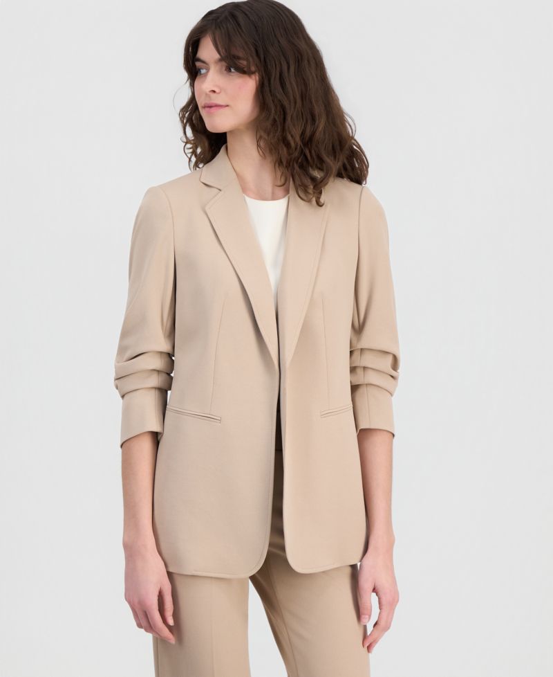 Women's Stretch Crepe Scrunch-Sleeve Open-Front Blazer