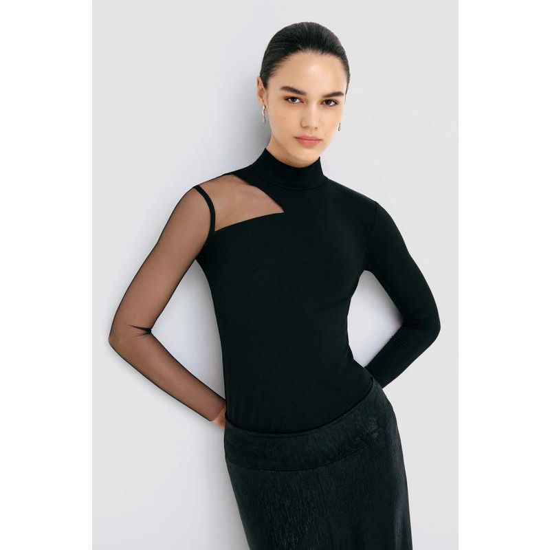 Women's Ysabel Mock-Neck Mesh-Sleeve Fitted Jersey Top