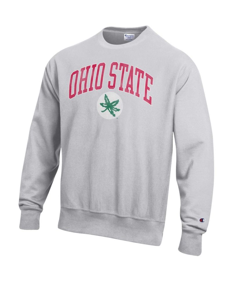Men's Gray Ohio State Buckeyes Distressed Arch Over Logo Reverse Weave Crew Neck Sweatshirt