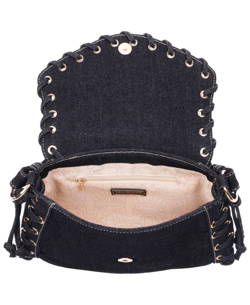 Studded Horseshoe Eyelet Denim Flap Bag