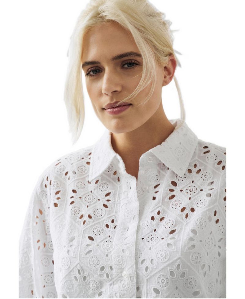 Plus Size Eyelet Button Front Shirt With Blouson Sleeves
