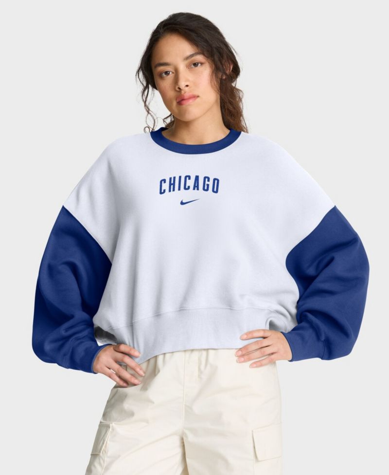 Women's White/Royal Chicago Cubs Oversized High Hip Fleece Sweatshirt